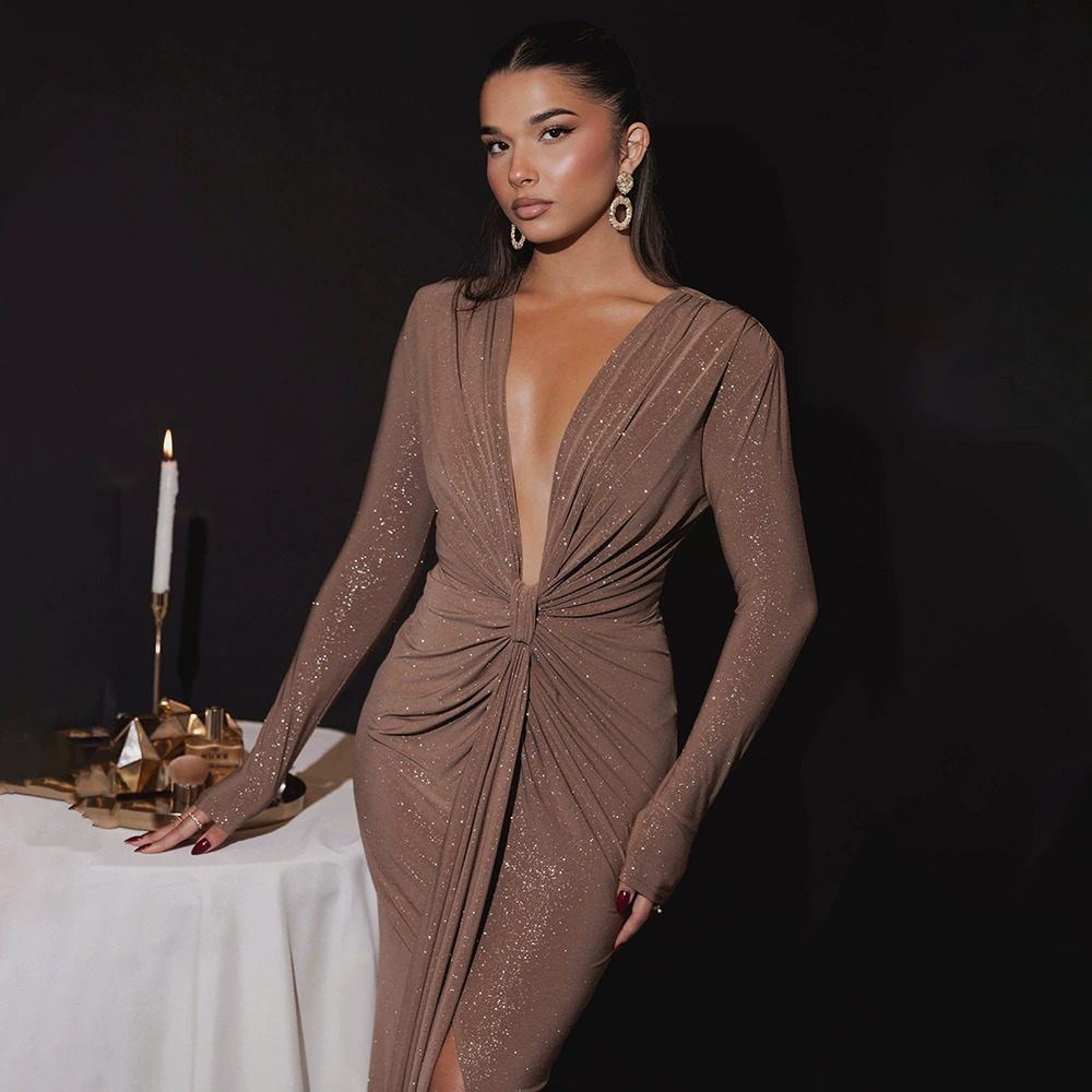 ZARA Sexy Slim Fashion Deep V Neck Smocked Tie Long Sleeve Bodycon Maxi Dress